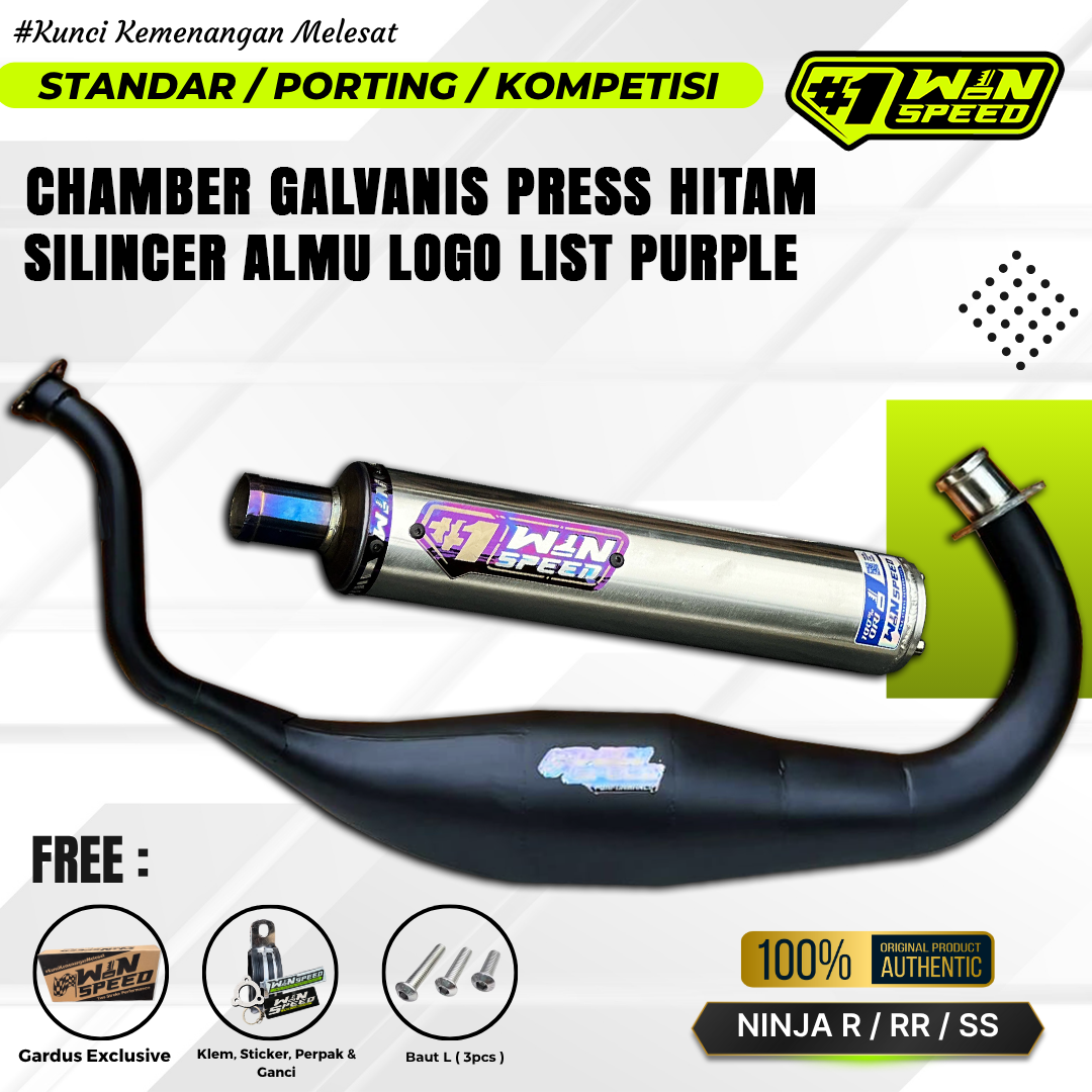 Fullsystem Silencers Aluminium Logo List Stainless Purple , Exhaust Chamber Super Cobra, Clearcoated Mild Steel Black Coating, KR150, KRR150, KRR150ZX, Serpico