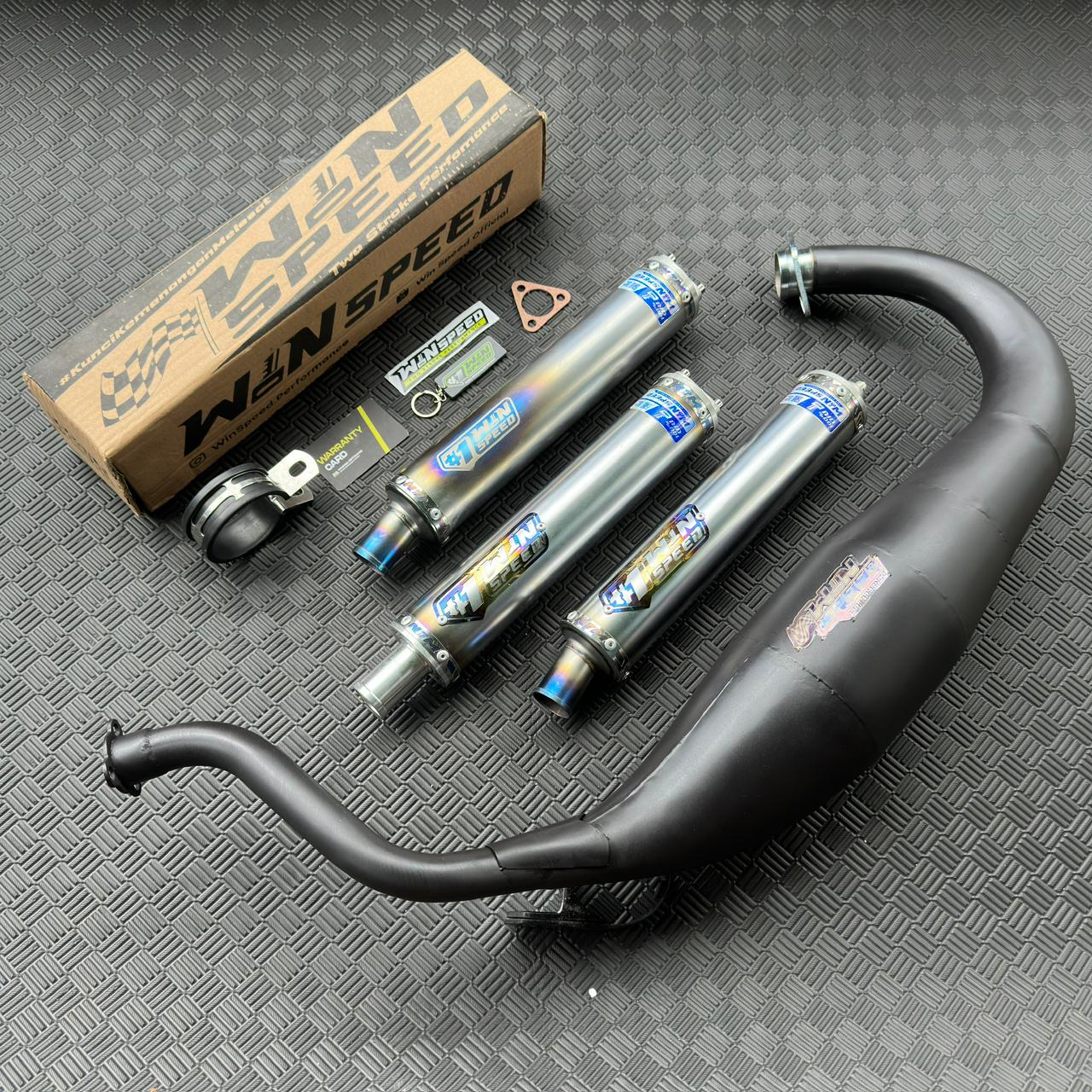 Fullsystem Silencers Stainlees Half Blue Series , Exhaust Chamber Super Cobra, Clearcoated Mild Steel Black Coating, KR150, KRR150, KRR150ZX, Serpico - Image 2