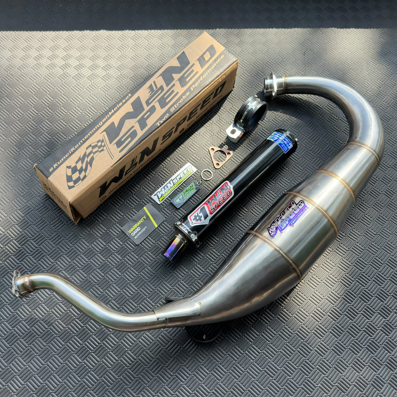 Fullsystem Silencers black powder coated aluminium logo red , Exhaust Chamber Super Cobra, Stainless Press , KR150, KRR150, KRR150ZX, Serpico