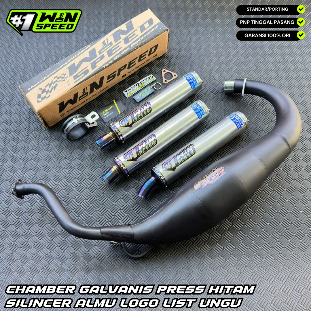 Fullsystem Silencers Aluminium Logo List Stainless Purple , Exhaust Chamber Super Cobra, Clearcoated Mild Steel Black Coating, KR150, KRR150, KRR150ZX, Serpico