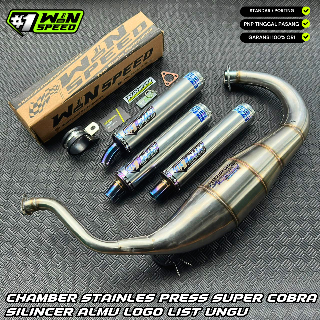 Fullsystem Silencers Polished Aluminium Logo List Stainlees Purple , Exhaust Chamber Super Cobra, Stainless Press , KR150, KRR150, KRR150ZX, Serpico