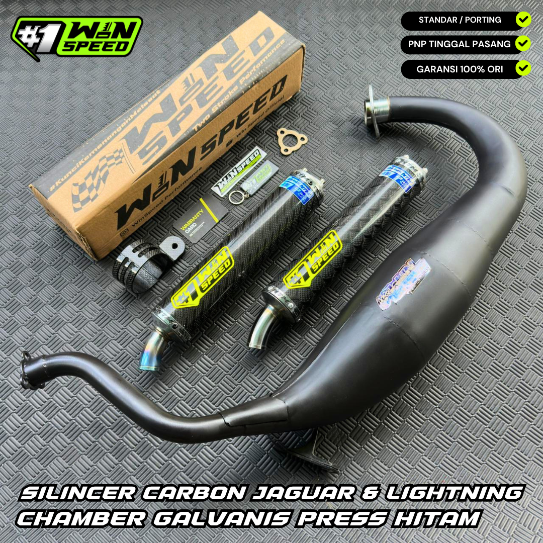 Fullsystem Silencers Carbon Jaguar & Lightning , Exhaust Chamber Super Cobra, Clearcoated Mild Steel Black Coating, KR150, KRR150, KRR150ZX, Serpico
