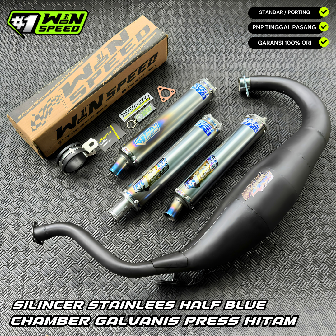 Fullsystem Silencers Stainlees Half Blue Series , Exhaust Chamber Super Cobra, Clearcoated Mild Steel Black Coating, KR150, KRR150, KRR150ZX, Serpico