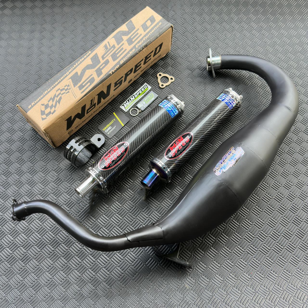 Fullsystem Silencers Carbon Twill Glossy , Exhaust Chamber Super Cobra, Clearcoated Mild Steel Black Coating, KR150, KRR150, KRR150ZX, Serpico