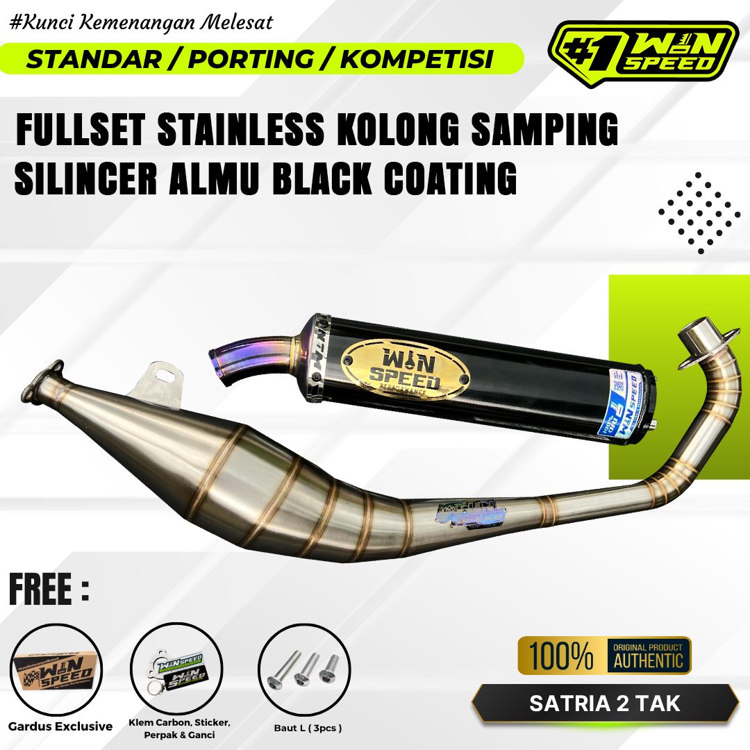 Fullsystem Silencer Black Aluminum Gold Logo Blue Curved Edge , Exhaust Chamber Stainless Side Model , SATRIA 2 STROKE