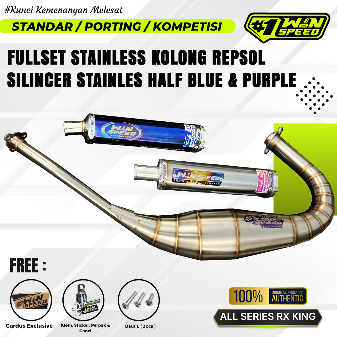 Fullsystem Silencer Stainless Half Blue & Purple, Exhaust Chamber Stainless Repsol undercarriage model , YAMAHA RX KING | RXS | RX SERIES