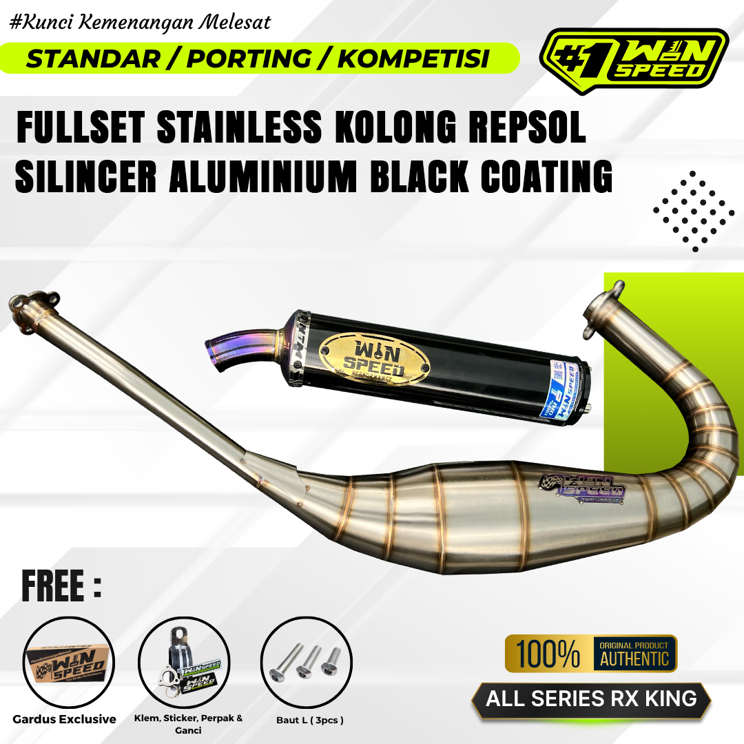 Fullsystem Silencer Aluminium Black Coating Logo Gold, Exhaust Chamber Stainless Repsol undercarriage model , YAMAHA RX KING | RXS | RX SERIES