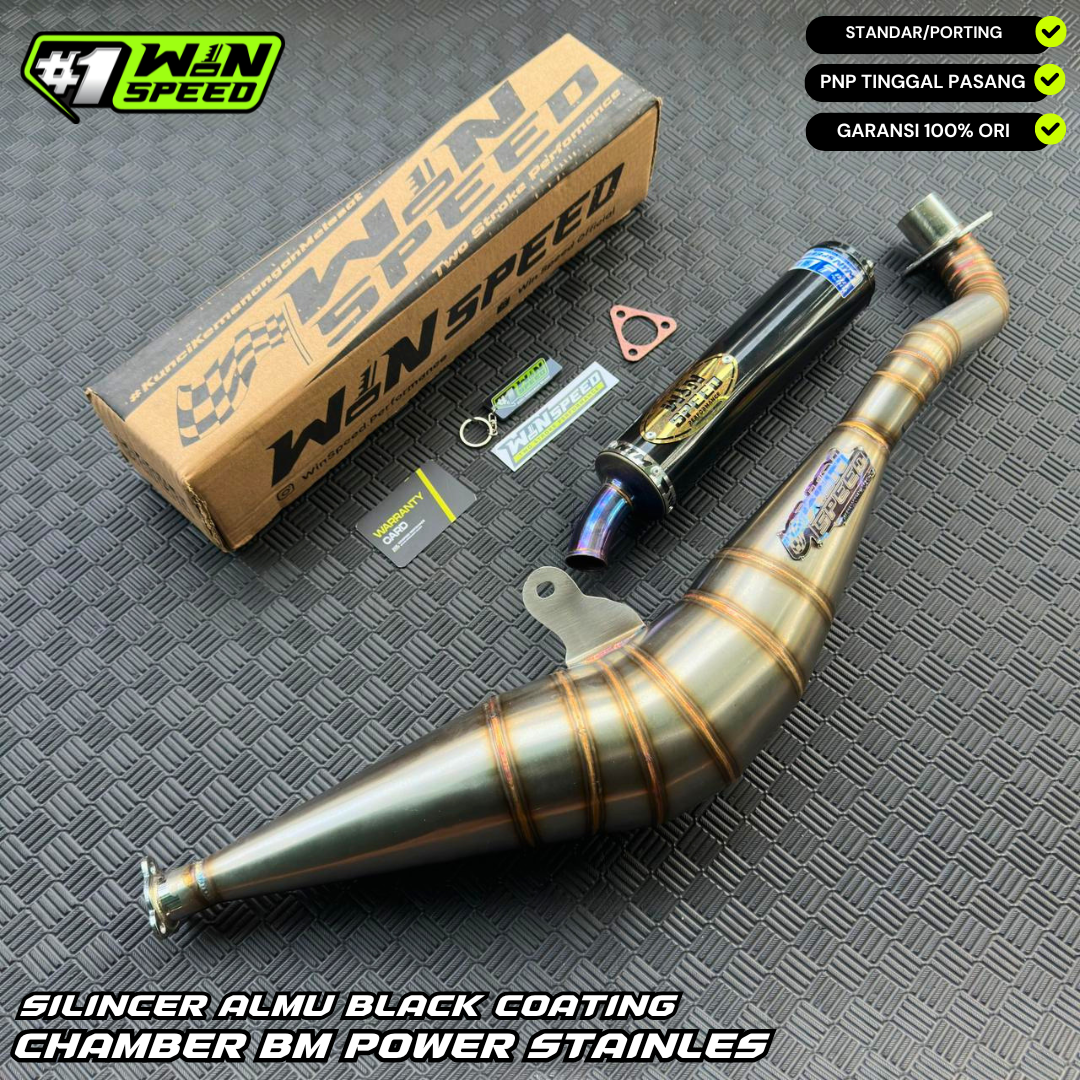 Fullsystem Silencer Aluminium Black Coating Logo Gold , Exhaust Chamber Stainless BM POWER Side Model , YAMAHA F1ZR, F1Z, FORCE ONE