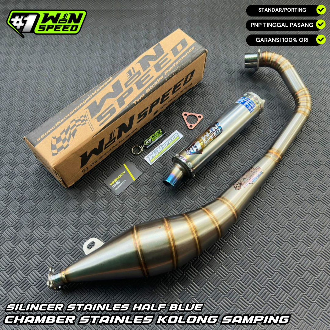 Fullsystem Silencers Stainless Half Blue , Exhaust Chamber Stainless Side Model , Satria 2tak Hiu/Lumba/RGV/RGX