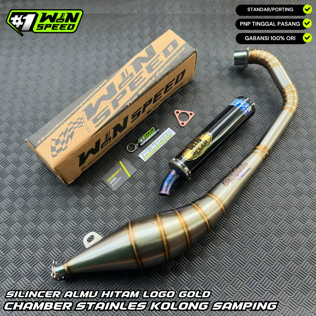 Fullsystem Silencer Black Aluminum Gold Logo Blue Curved Edge , Exhaust Chamber Stainless Side Model , SATRIA 2 STROKE