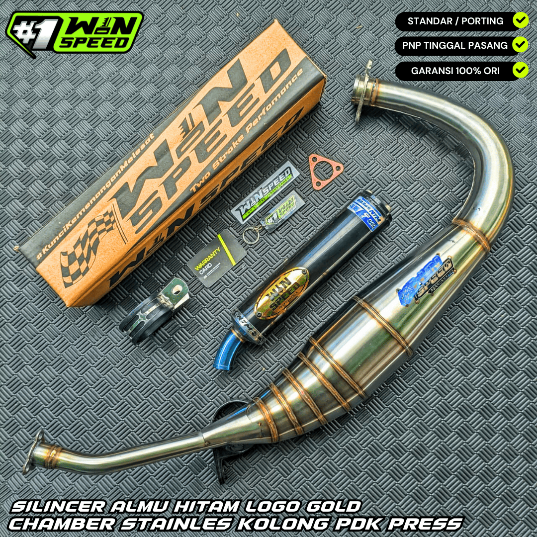 Fullsystem Silencer Aluminium Black Coating Logo Gold, Exhaust Chamber Stainless PDK undercarriage model , YAMAHA RX KING | RXS | RX SERIES