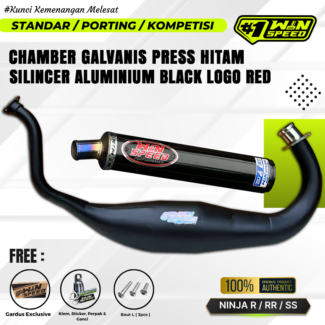 Fullsystem Silencers Aluminium Black Coated Emblem Red , Exhaust Chamber Super Cobra, Clearcoated Mild Steel Black Coating, KR150, KRR150, KRR150ZX, Serpico