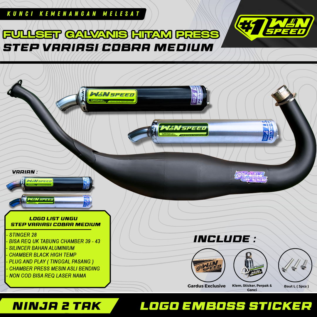 Fullsystem Silencers Aluminium Logo Sticker Emboss , Exhaust Chamber Cobra Medium, Clearcoated Mild Steel Black Coating, KR150, KRR150, KRR150ZX, Serpico