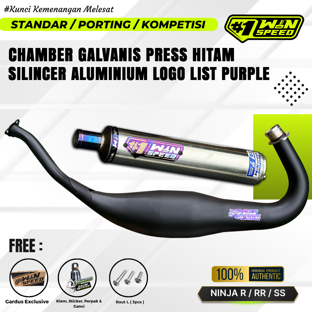 Fullsystem Silencer Aluminium Logo List Stainless Purple , Exhaust Chamber Cobra Medium, Clearcoated Mild Steel Black Coating, KR150, KRR150, KRR150ZX, Serpico