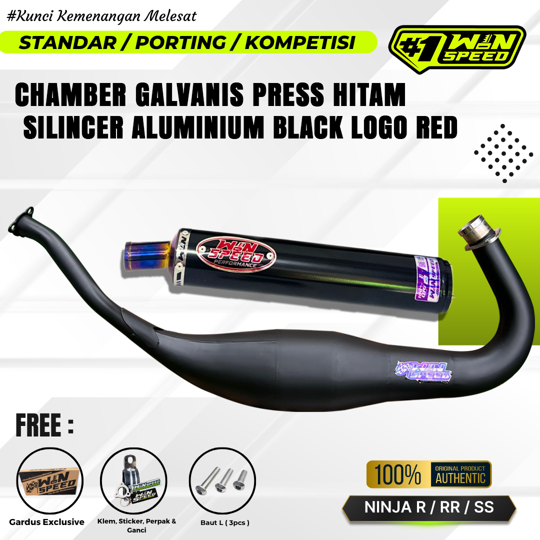 Fullsystem Silencers Aluminium Black Coated Emblem Red , Exhaust Chamber Cobra Medium, Clearcoated Mild Steel Black Coating, KR150, KRR150, KRR150ZX, Serpico