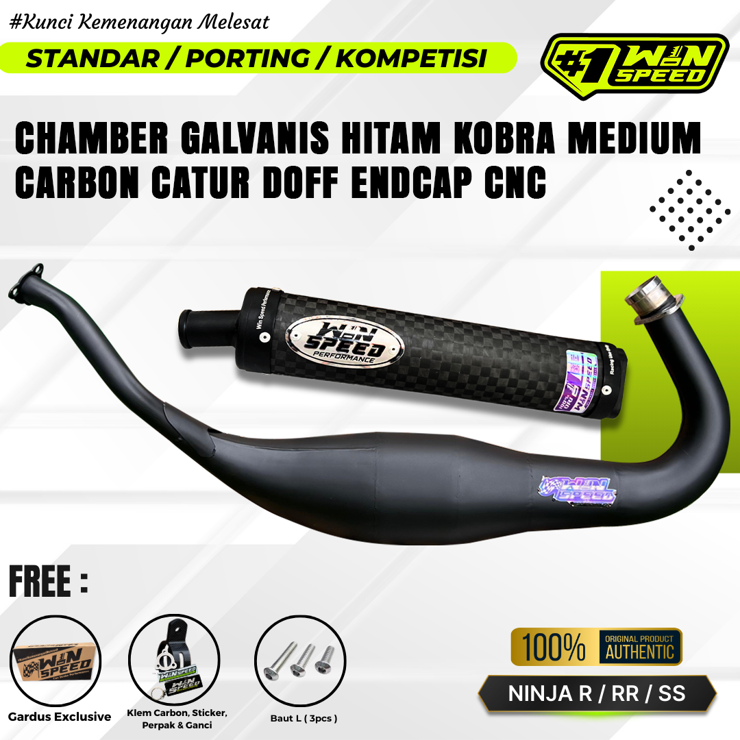 Fullsystem Silencers Carbon Spreadtow Doff CNC , Exhaust Chamber Cobra Medium, Clearcoated Mild Steel Black Coating, KR150, KRR150, KRR150ZX, Serpico