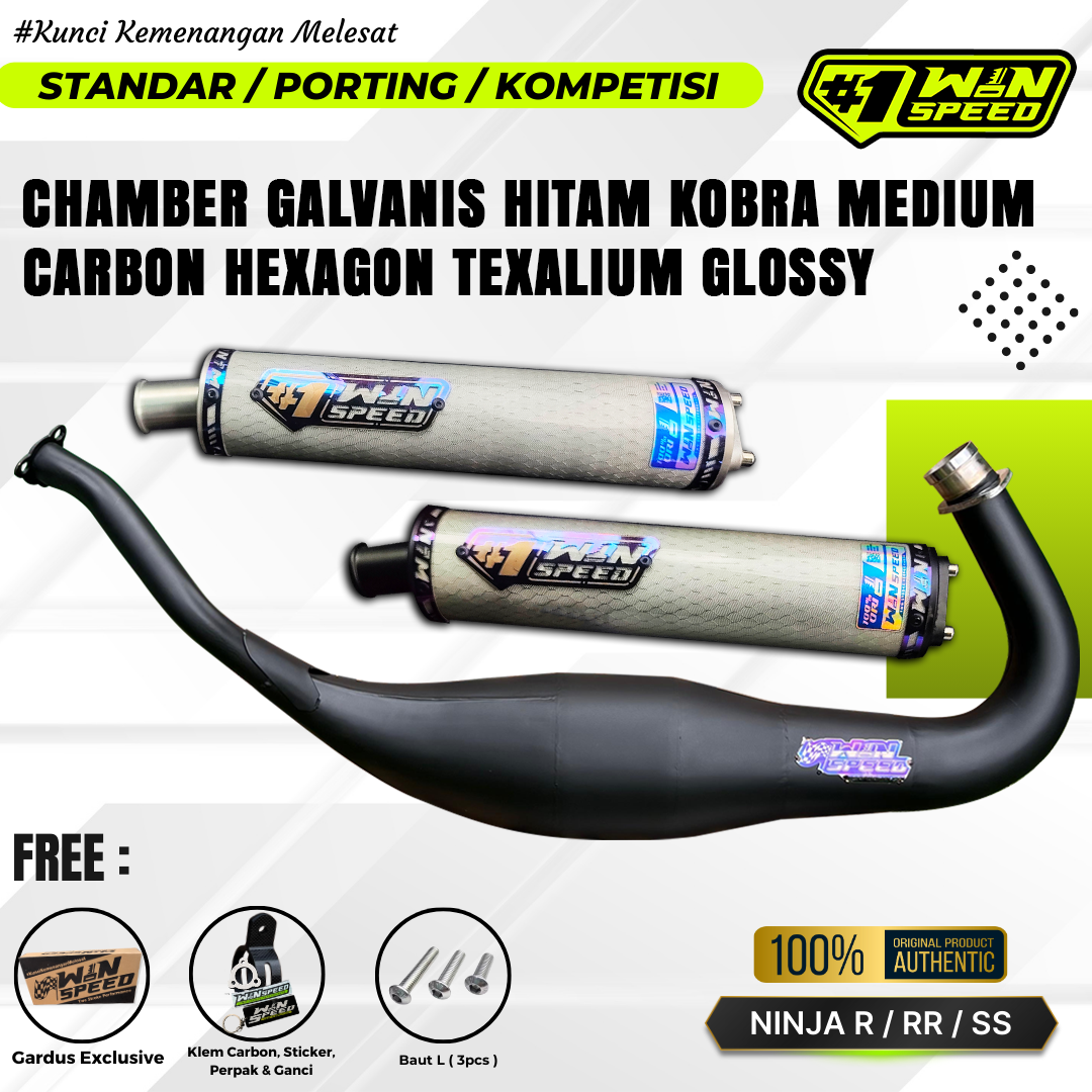 Fullsystem Silencers Carbon Hexagon Texalium , Exhaust Chamber Cobra Medium, Clearcoated Mild Steel Black Coating, KR150, KRR150, KRR150ZX, Serpico