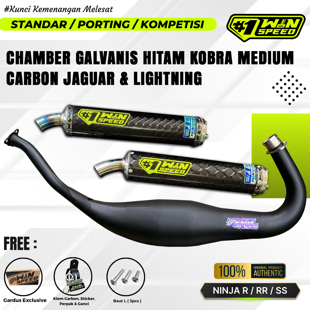 Fullsystem Silencers Carbon Jaguar & Lightning , Exhaust Chamber Cobra Medium, Clearcoated Mild Steel Black Coating, KR150, KRR150, KRR150ZX, Serpico