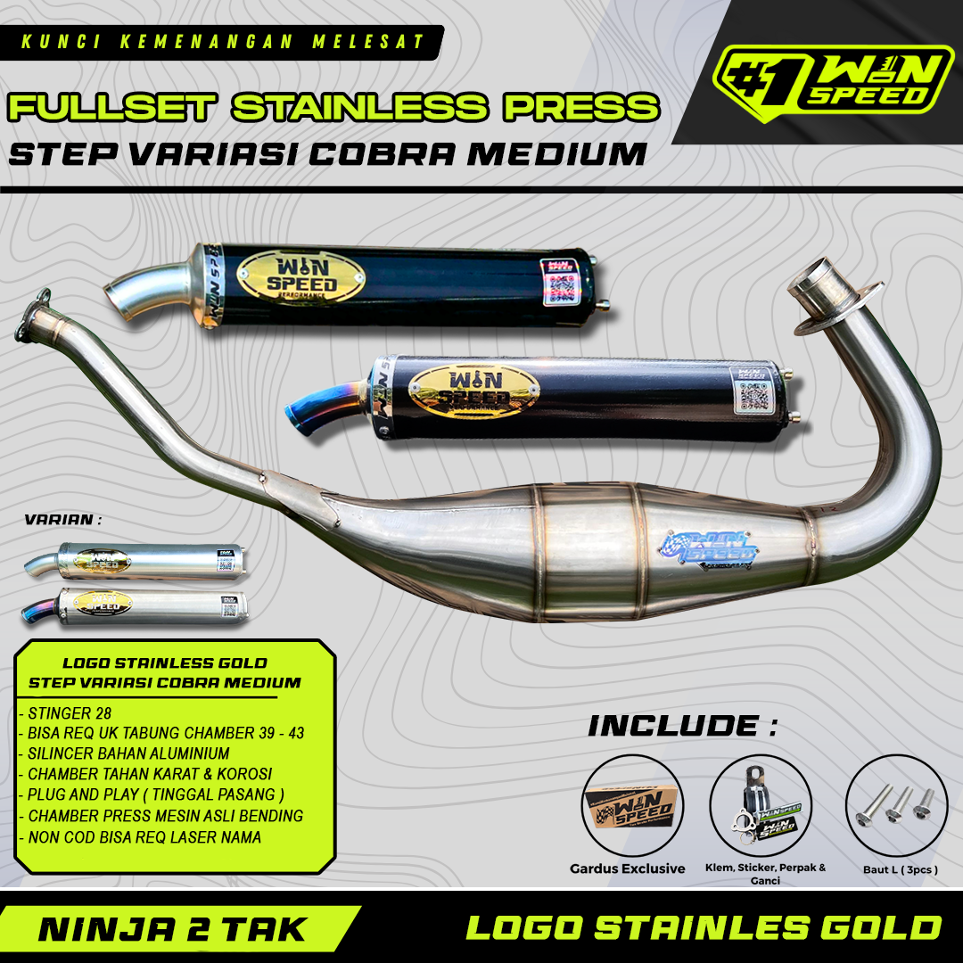 Fullsystem Silencers Alumunium Logo Stainless Gold , Exhaust Chamber Cobra Medium, Stainless Press , KR150, KRR150, KRR150ZX, Serpico