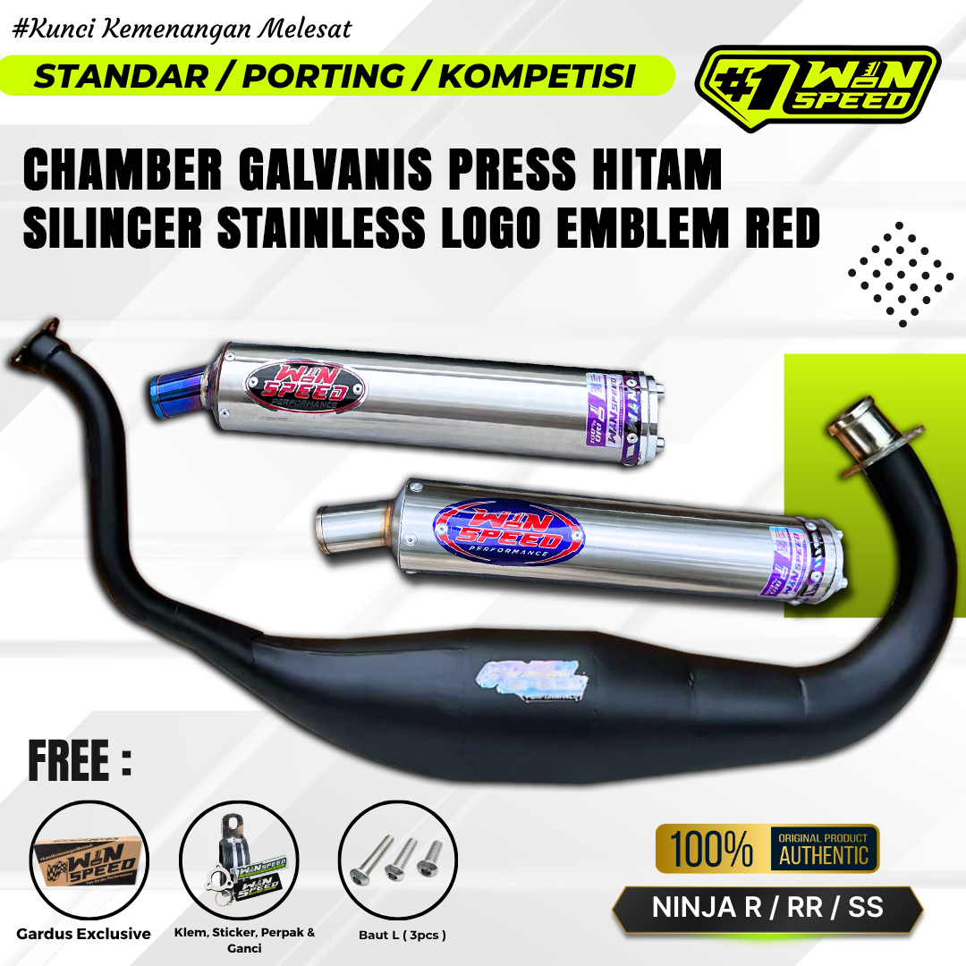 Fullsystem Silencers Stainless Logo Emblem Red , Exhaust Chamber Super Cobra, Clearcoated Mild Steel Black Coating, KR150, KRR150, KRR150ZX, Serpico