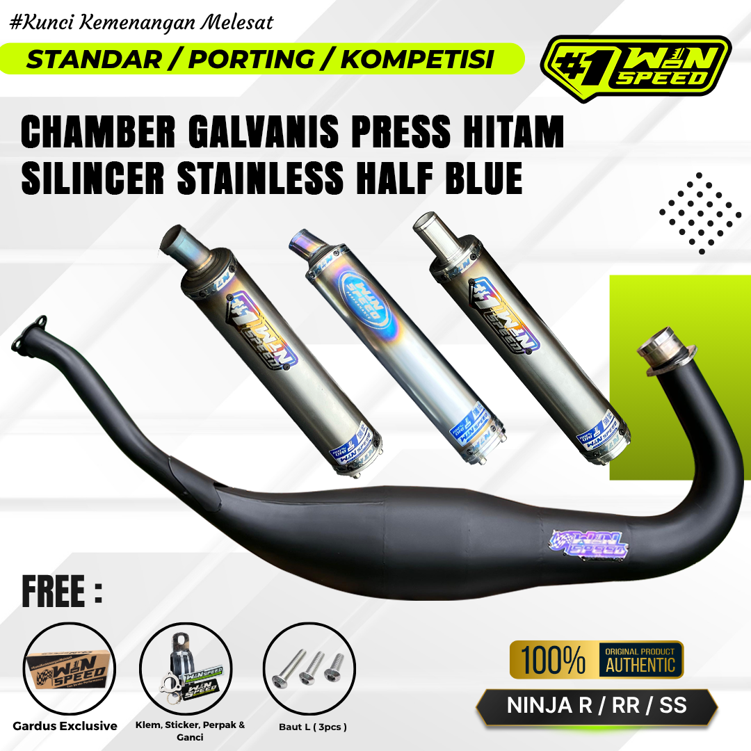 Fullsystem Silencers Stainlees Half Blue Series , Exhaust Chamber Cobra Medium, Clearcoated Mild Steel Black Coating, KR150, KRR150, KRR150ZX, Serpico