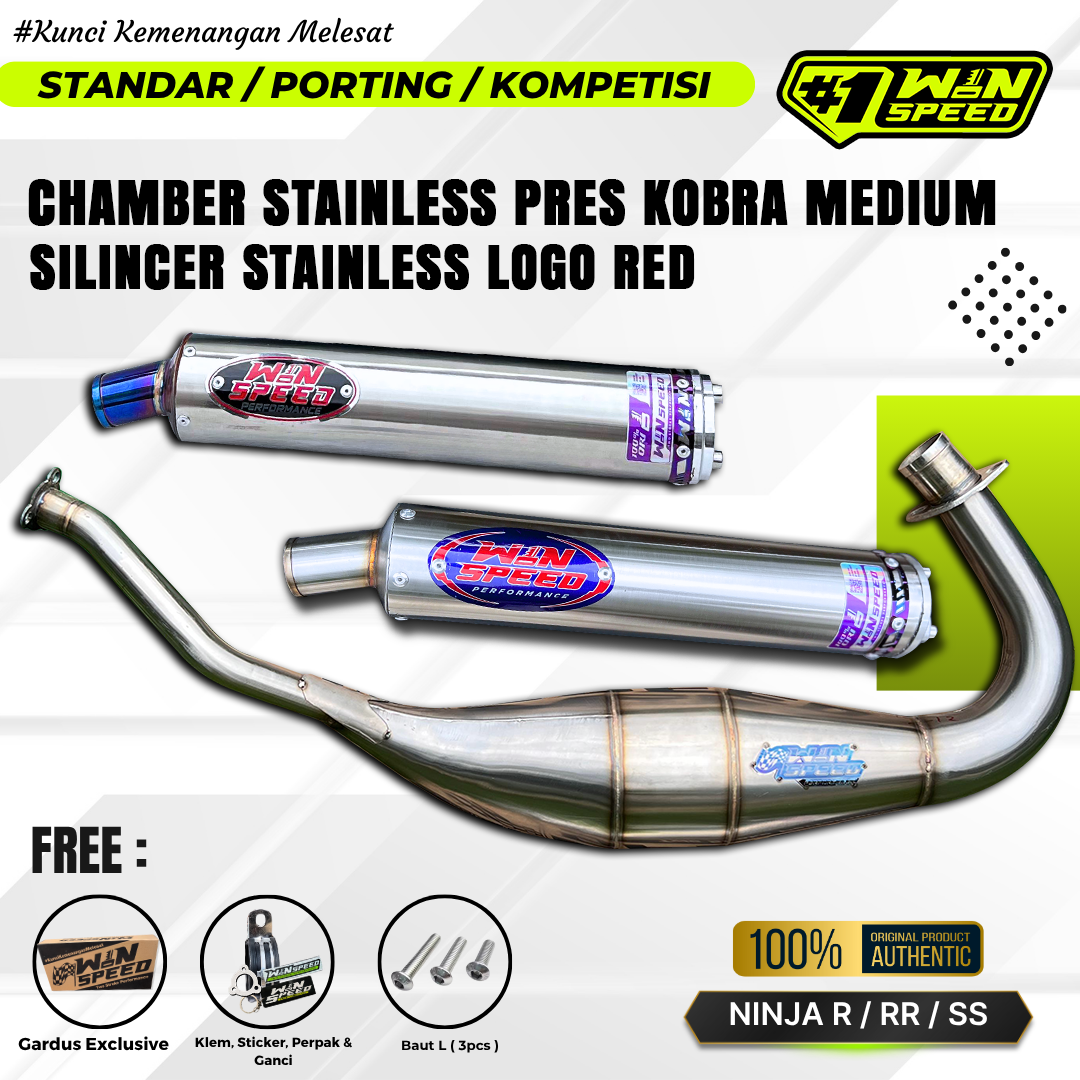 Fullsystem Silencers Stainless Emblem Red , Exhaust Chamber Cobra Medium, Stainless Press , KR150, KRR150, KRR150ZX, Serpico