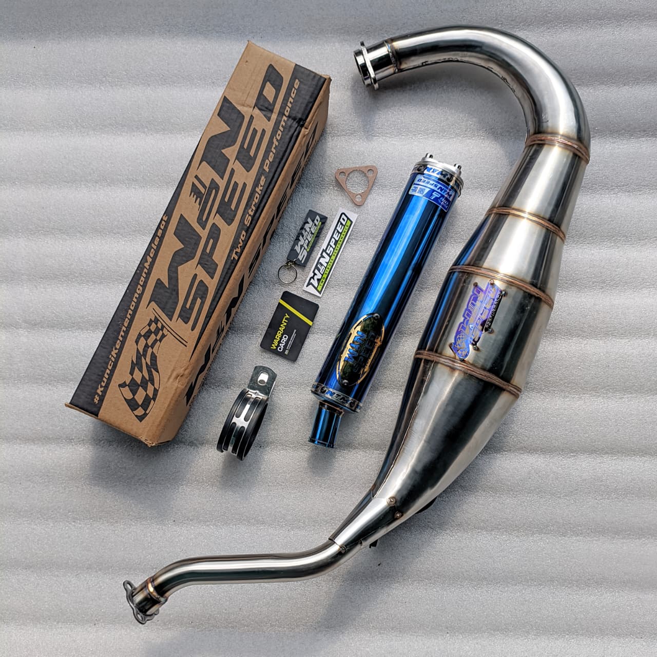 Fullsystem Silencers Stainless Full Blue Logo Gold , Exhaust Chamber Cobra Medium, Stainless Press , KR150, KRR150, KRR150ZX, Serpico