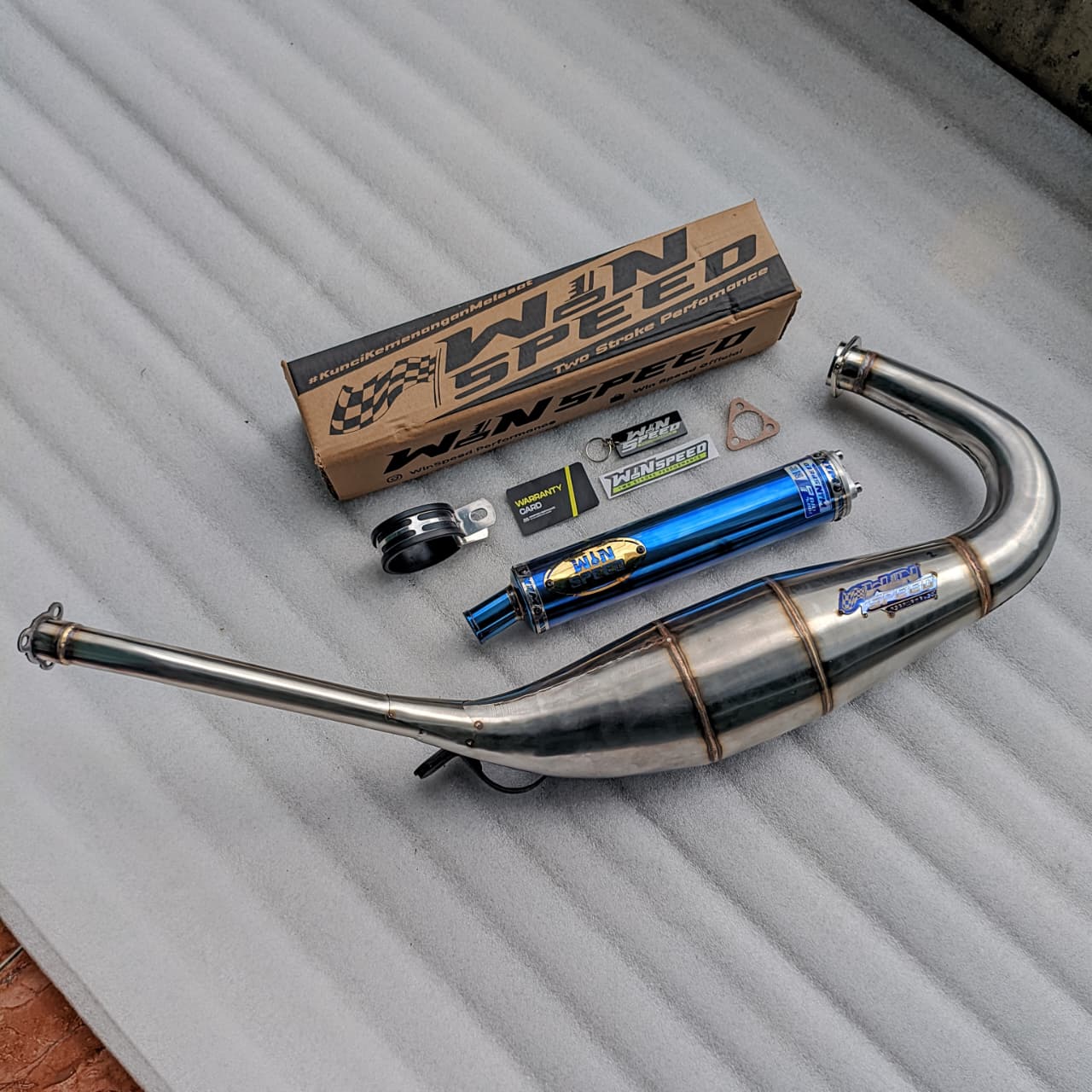 Fullsystem Silencers Stainless Full Blue Logo Gold , Exhaust Chamber Super Cobra, Clearcoated Mild Steel Black Coating, KR150, KRR150, KRR150ZX, Serpico