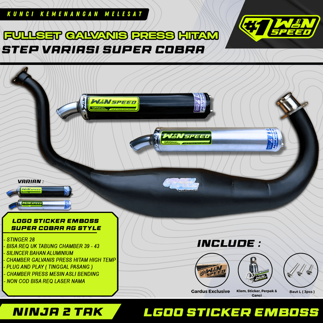 Fullsystem Silencers Aluminium Logo Sticker Emboss , Exhaust Chamber Super Cobra, Clearcoated Mild Steel Black Coating, KR150, KRR150, KRR150ZX, Serpico