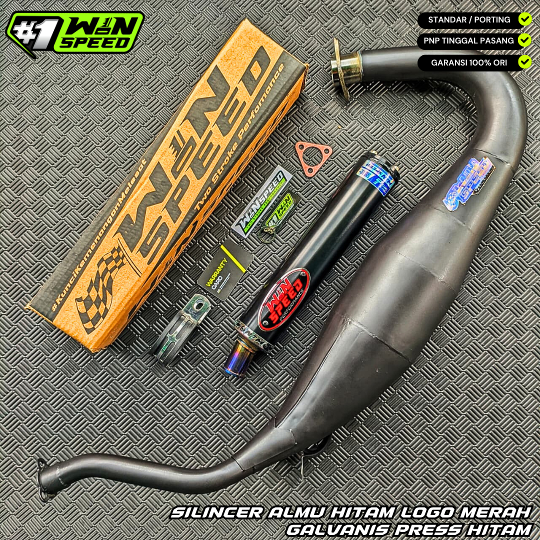 Fullsystem Silencers Aluminium Black Coated Emblem Red , Exhaust Chamber Cobra Medium, Clearcoated Mild Steel Black Coating, KR150, KRR150, KRR150ZX, Serpico