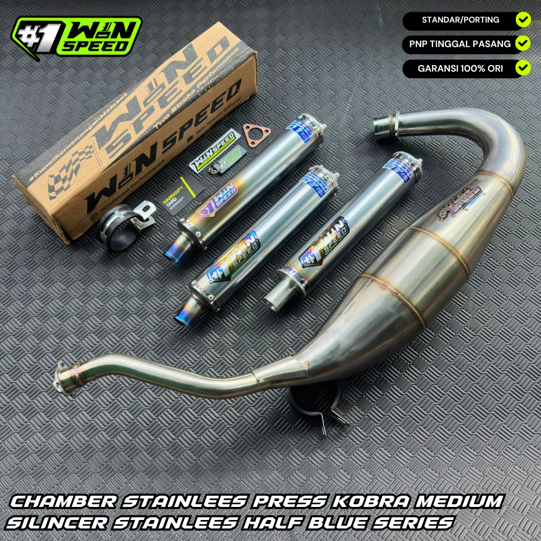 Fullsystem Silencers Stainlees Half Blue Series , Exhaust Chamber Cobra Medium, Stainless Press , KR150, KRR150, KRR150ZX, Serpico