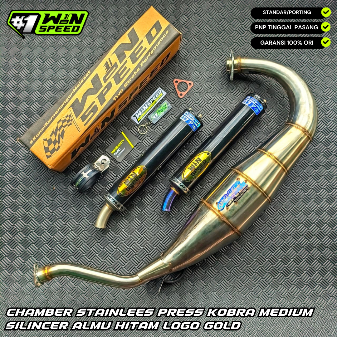 Fullsystem Silencers Alumunium Logo Stainless Gold , Exhaust Chamber Cobra Medium, Stainless Press , KR150, KRR150, KRR150ZX, Serpico