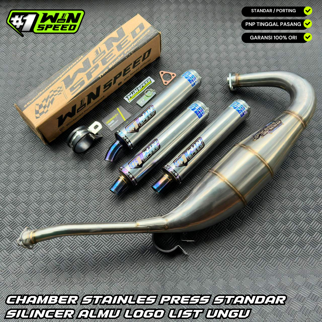 Fullsystem Silencer Polished Aluminium Logo List Stainlees Purple , Exhaust Chamber Standar, Stainless Press , KR150, KRR150, KRR150ZX, Serpico