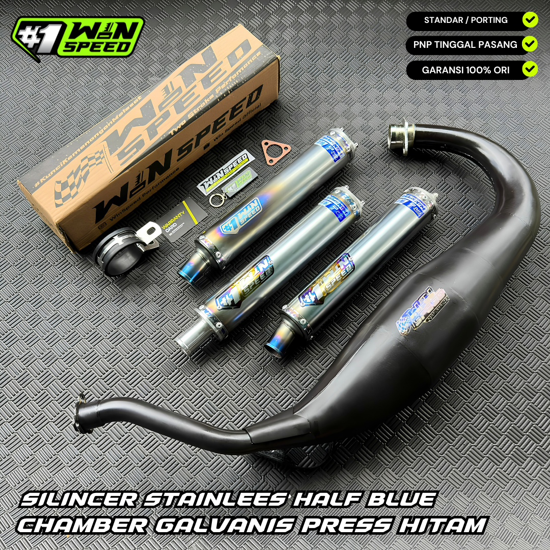 Fullsystem Silencers Stainlees Half Blue Series , Exhaust Chamber Cobra Medium, Clearcoated Mild Steel Black Coating, KR150, KRR150, KRR150ZX, Serpico