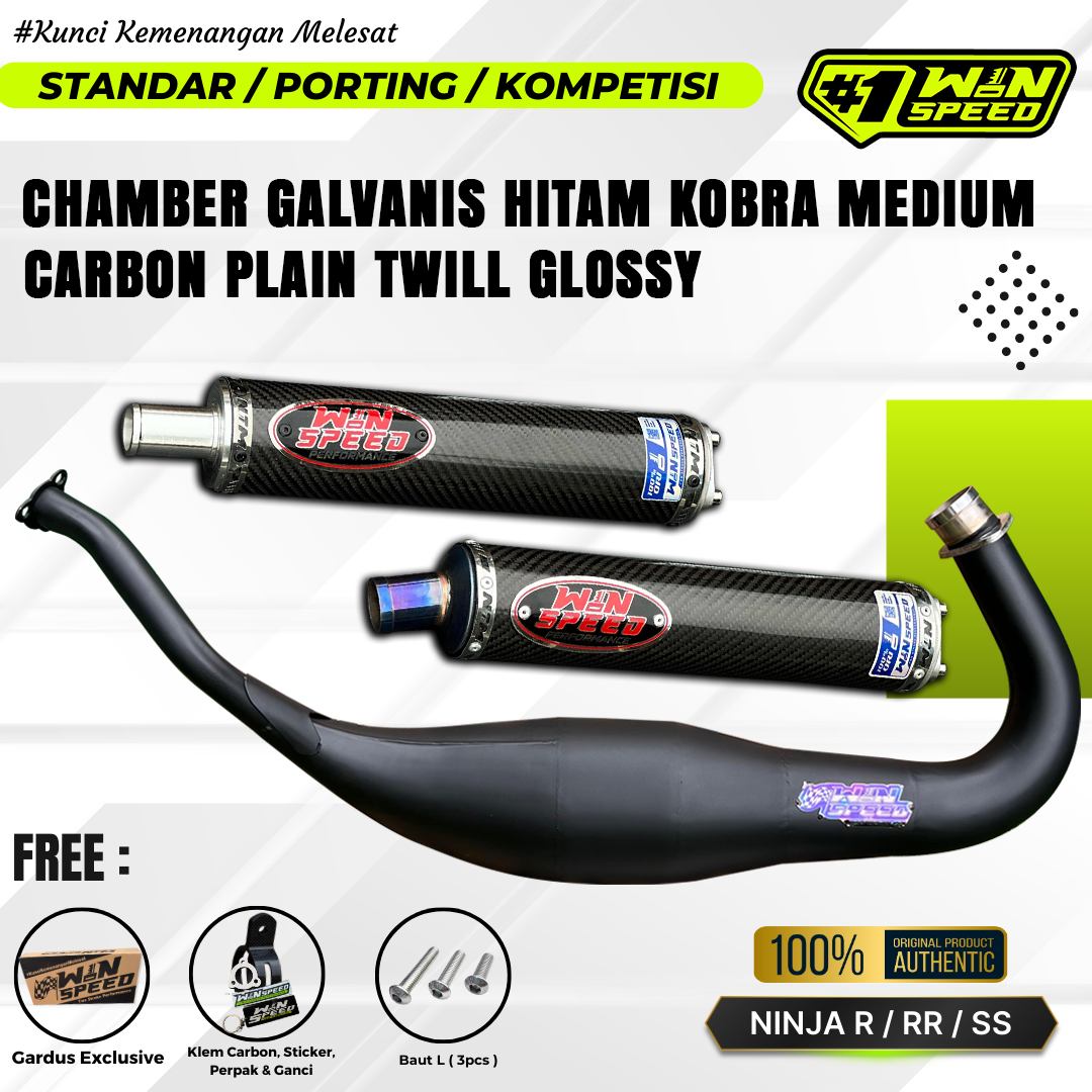 Fullsystem Silencers Carbon Twill Glossy , Exhaust Chamber Cobra Medium, Clearcoated Mild Steel Black Coating, KR150, KRR150, KRR150ZX, Serpico