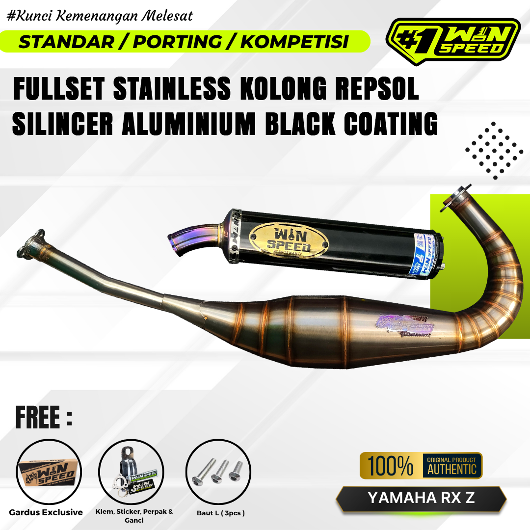 Fullsystem Silencer Aluminium Black Coating Logo Gold, Exhaust Chamber Stainless Repsol undercarriage model , YAMAHA RXZ | RZR