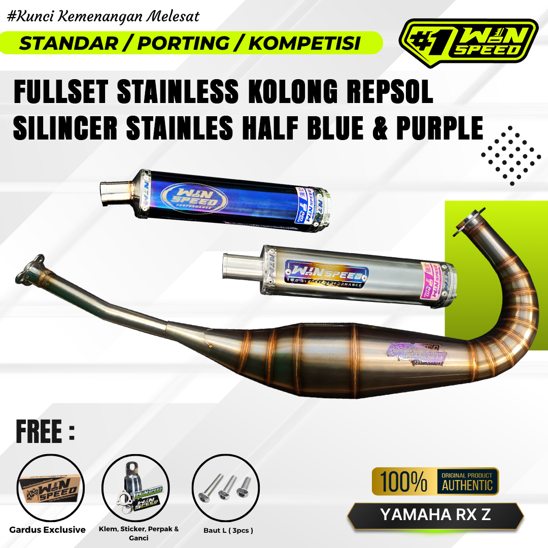 Fullsystem Silencer Stainless Half Blue Endcap CNC Straight, Exhaust Chamber Stainless Repsol undercarriage model , YAMAHA RXZ | RZR