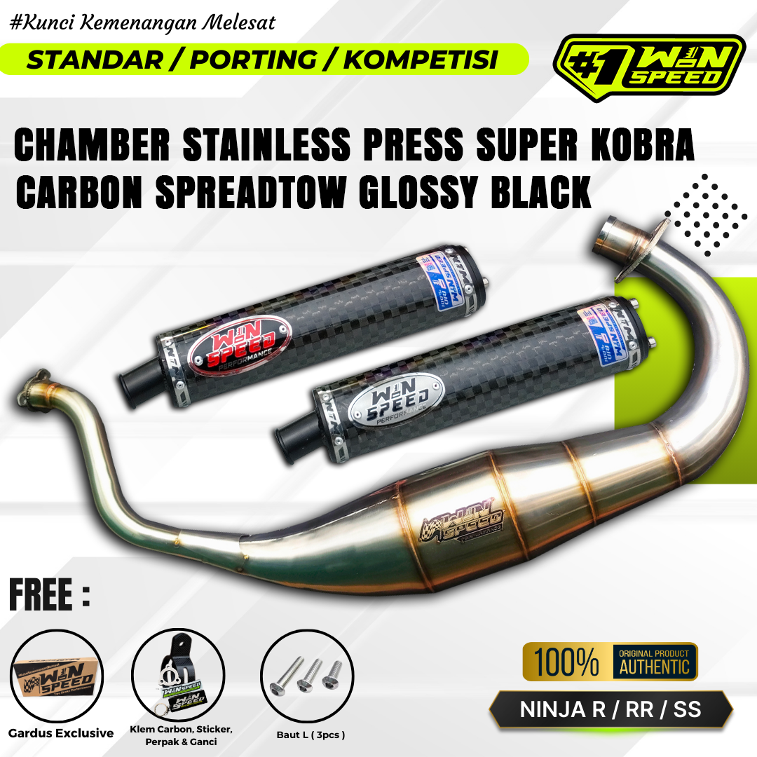 Fullsystem Silencers Carbon Spreadtow Glossy Endcap Black , Exhaust Chamber Super Cobra, Clearcoated Mild Steel Black Coating, KR150, KRR150, KRR150ZX, Serpico