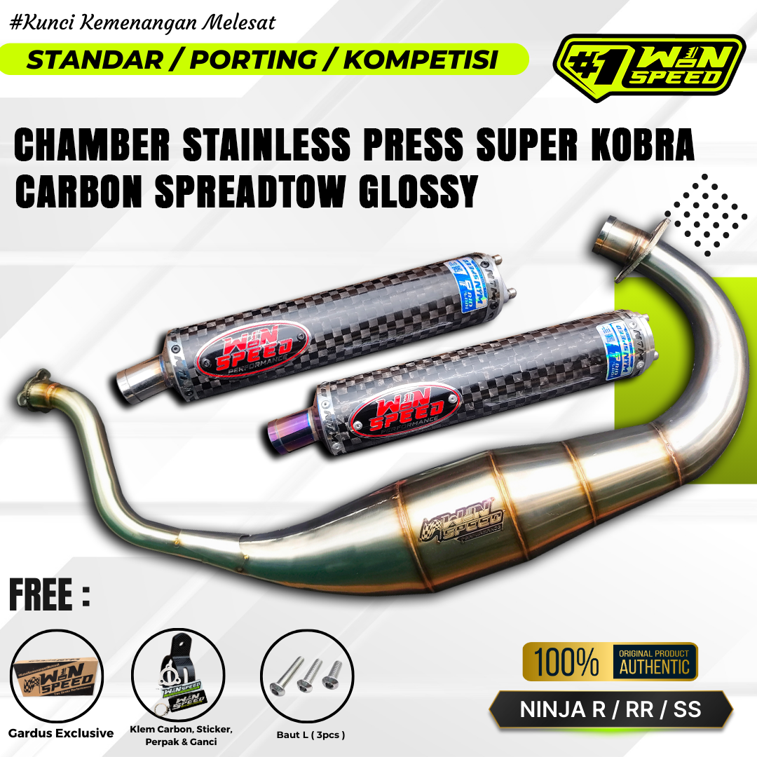 Fullsystem Silencers Carbon Spreadtow Glossy , Exhaust Chamber Super Cobra, Clearcoated Mild Steel Black Coating, KR150, KRR150, KRR150ZX, Serpico