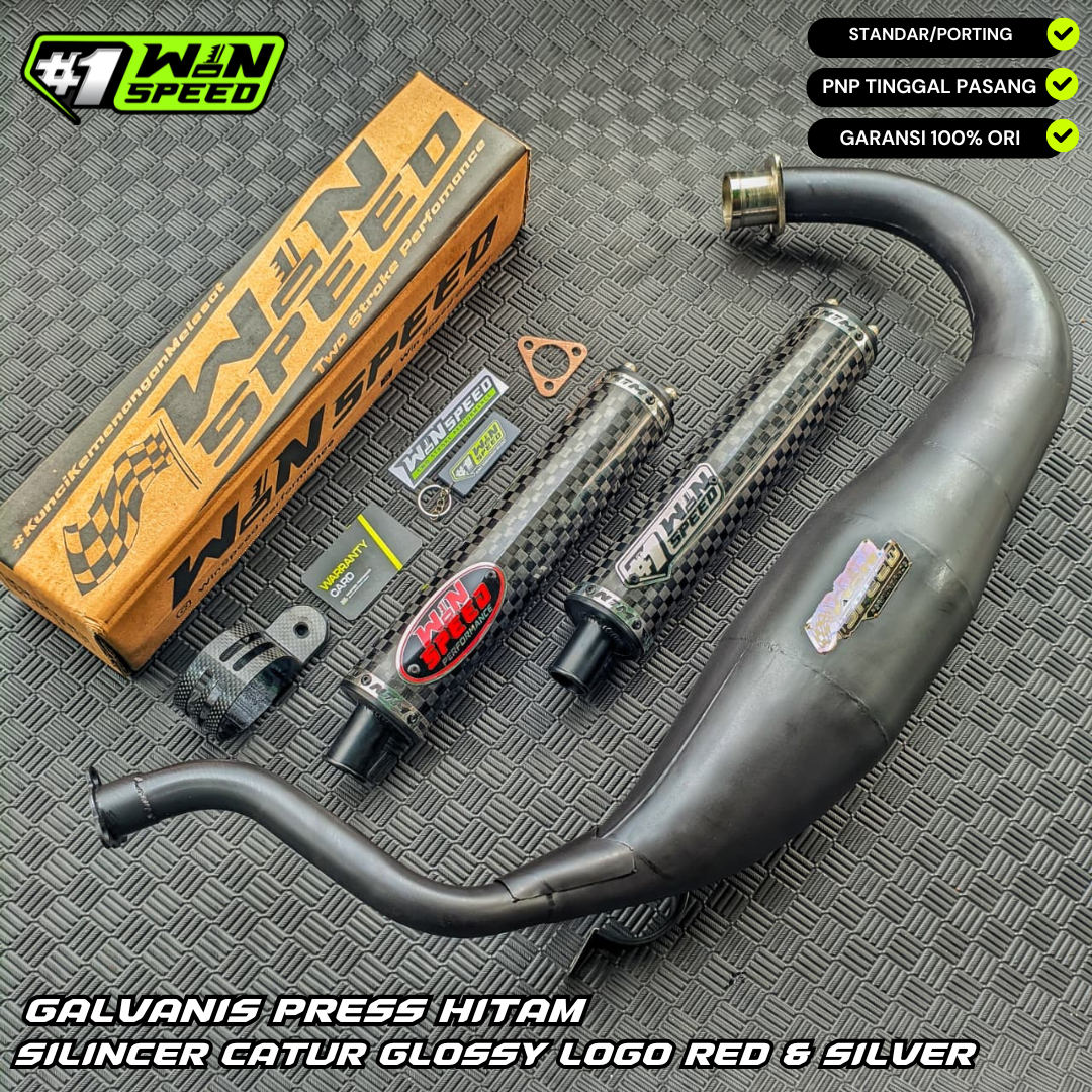 Fullsystem Silencers Carbon Spreadtow Glossy , Exhaust Chamber Super Cobra, Clearcoated Mild Steel Black Coating, KR150, KRR150, KRR150ZX, Serpico