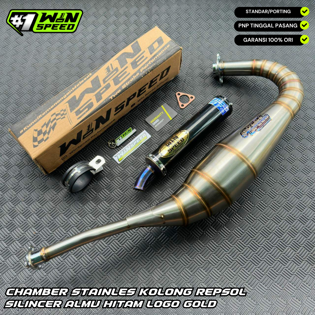 Fullsystem Silencer Aluminium Black Coating Logo Gold, Exhaust Chamber Stainless Repsol undercarriage model , YAMAHA RXZ | RZR