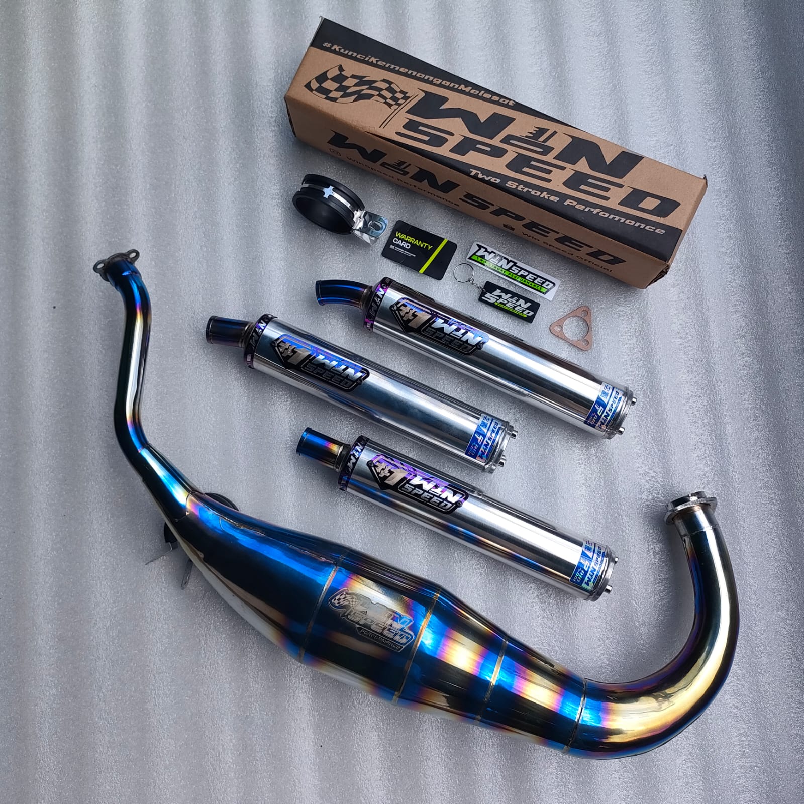 Fullsystem Silencers Aluminium Polished Logo List Purple, Exhaust Chamber Standar/Cobra/Super Cobra, Stainless Press Half Blue , KR150, KRR150, KRR150ZX, Serpico