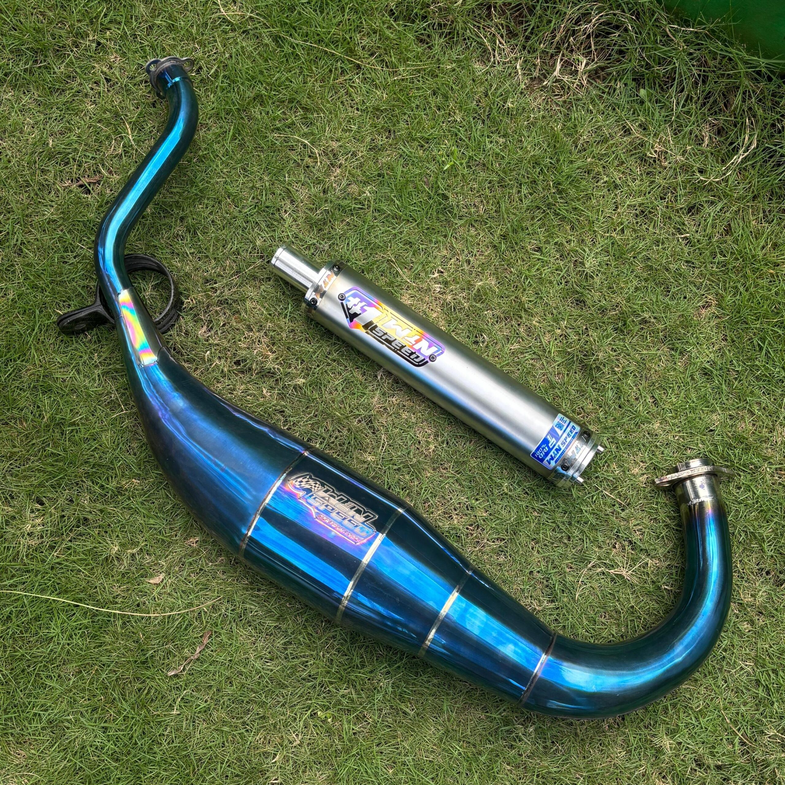 Fullsystem Silencers Stainless Half Blue Muzzle Straight CNC , Exhaust Chamber Standar/Cobra/Super Cobra, Stainless Press Full Blue , KR150, KRR150, KRR150ZX, Serpico