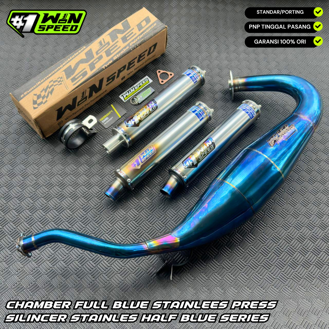 Fullsystem Silencers Stainless Half Blue Muzzle , Exhaust Chamber Standar/Cobra/Super Cobra, Stainless Press Full Blue , KR150, KRR150, KRR150ZX, Serpico