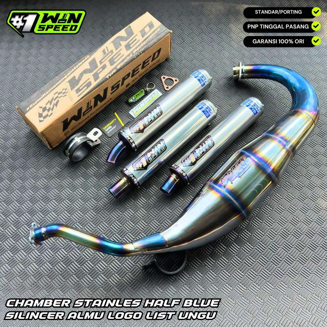 Fullsystem Silencers Aluminium Polished Logo List Purple, Exhaust Chamber Standar/Cobra/Super Cobra, Stainless Press Half Blue , KR150, KRR150, KRR150ZX, Serpico