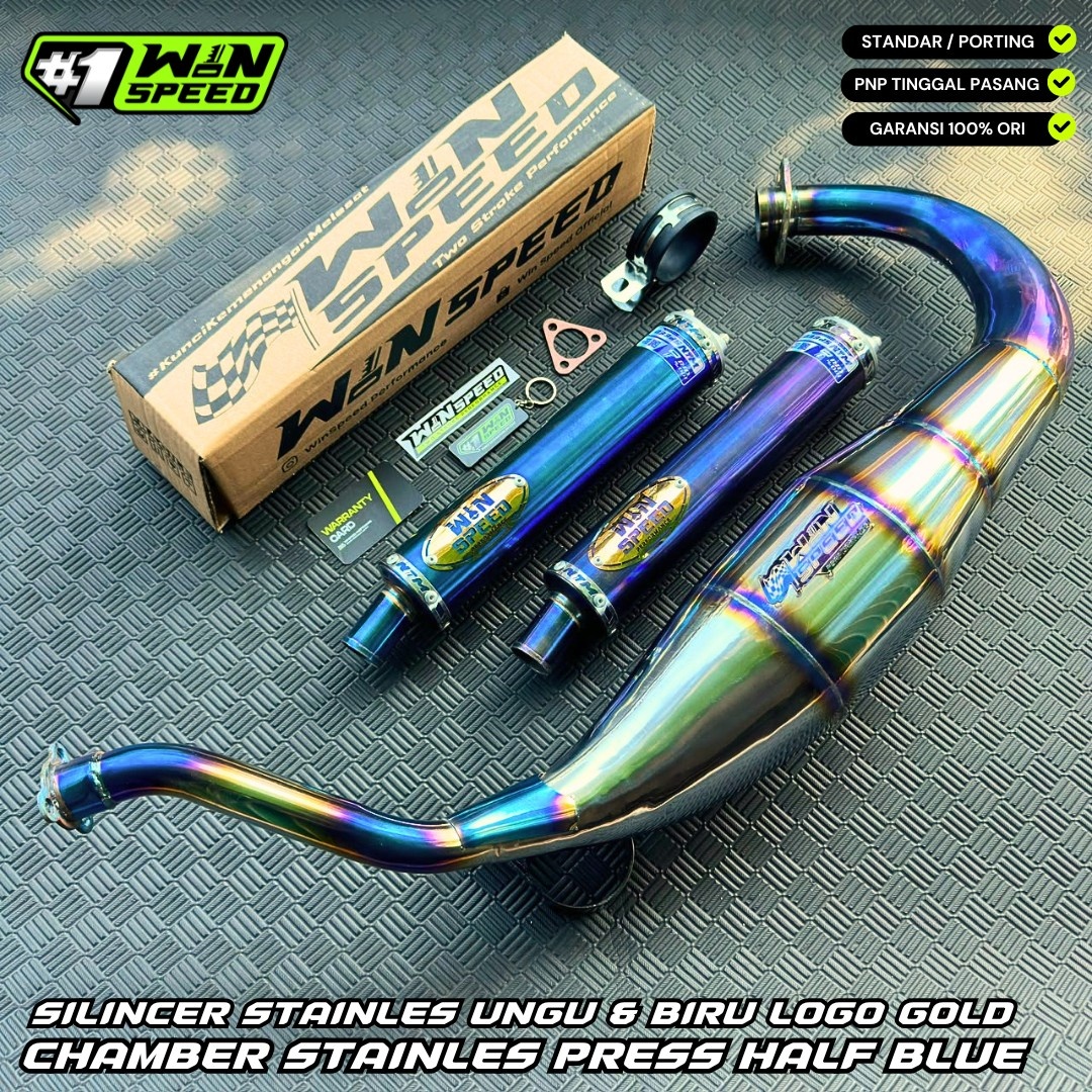 Fullsystem Silencers Stainless Purple Blue Logo Gold, Exhaust Chamber Standar/Cobra/Super Cobra, Stainless Press Half Blue , KR150, KRR150, KRR150ZX, Serpico