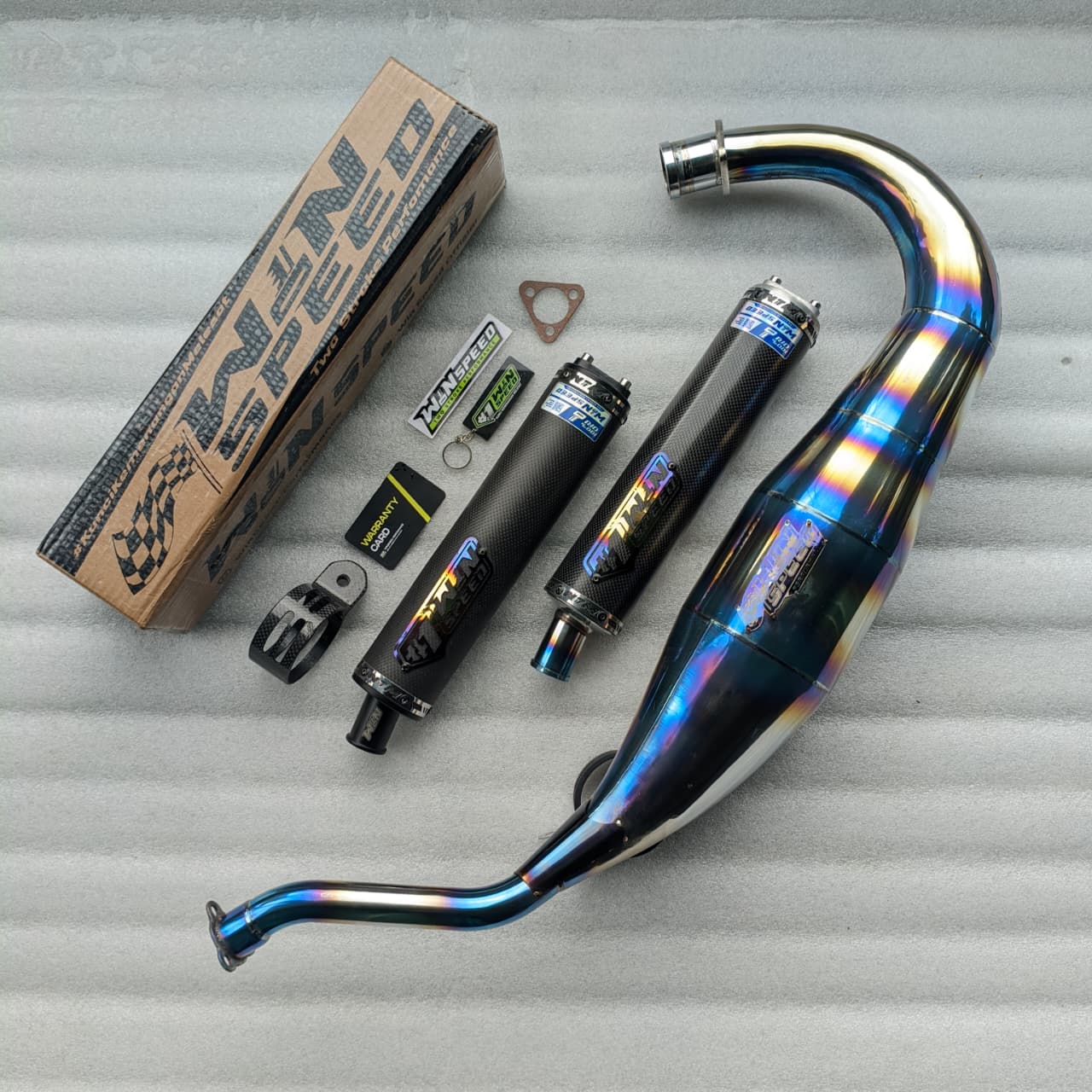 Fullsystem Silencers Carbon Plain Glossy, Exhaust Chamber Standar/Cobra/Super Cobra, Stainless Press Half Blue , KR150, KRR150, KRR150ZX, Serpico