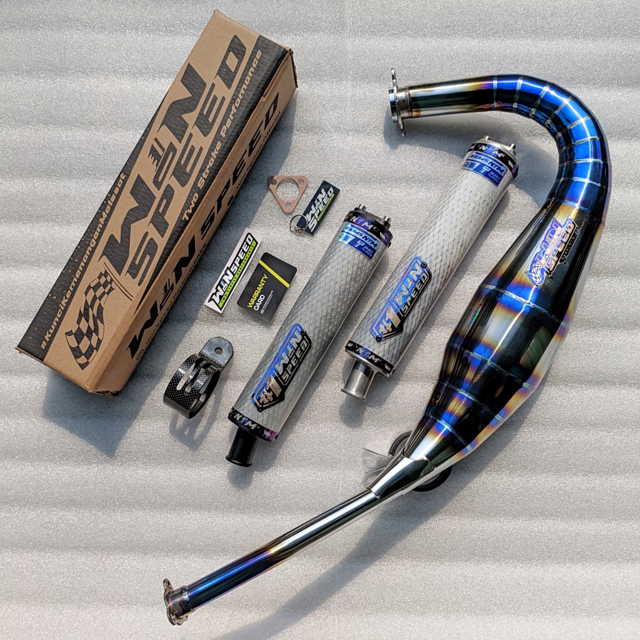 Fullsystem Silencer Carbon Hexagon Texalium Silver , Exhaust Chamber Stainless Half Blue Repsol undercarriage model , YAMAHA RX KING | RXS | RX SERIES
