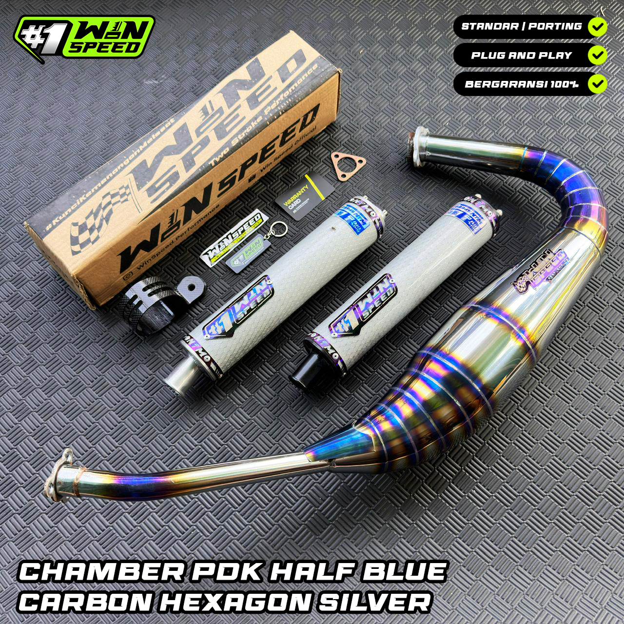 Fullsystem Silencer Carbon Hexagon Texalium Silver , Exhaust Chamber Stainless Half Blue PDK undercarriage model , YAMAHA RX KING | RXS | RX SERIES