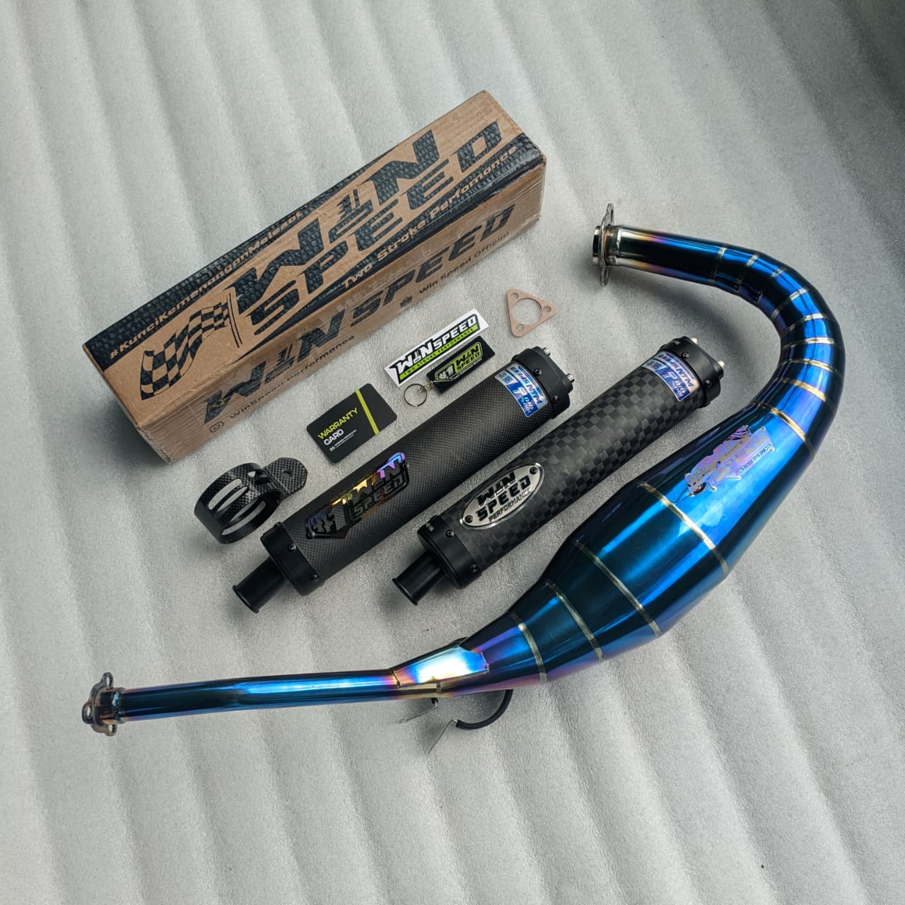 Fullsystem Silencer Carbon Plain Doff & Spreadtow Doff Endcap CNC , Exhaust Chamber Stainless Full Blue Repsol undercarriage model , YAMAHA RX KING | RXS | RX SERIES